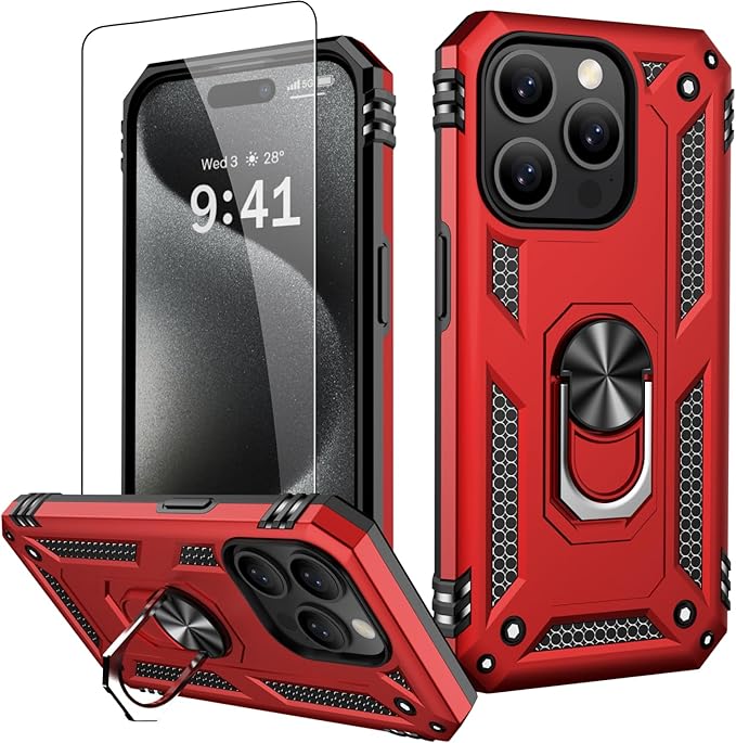 IKAZZ for iPhone 14 Pro Case 6.1 Inch with Screen Protector,Military Grade Shockproof Heavy Duty Protective Phone Cover Pass 16ft Drop Test with Magnetic Kickstand Car Mount Holder,Red