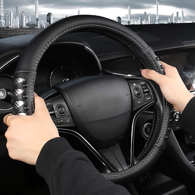 West Llama Microfiber Leather Car Steering Wheel Cover for Men Women,Universal Fit 14.5-15 inch(Leather Nails-Gray+Black-Standard Size)