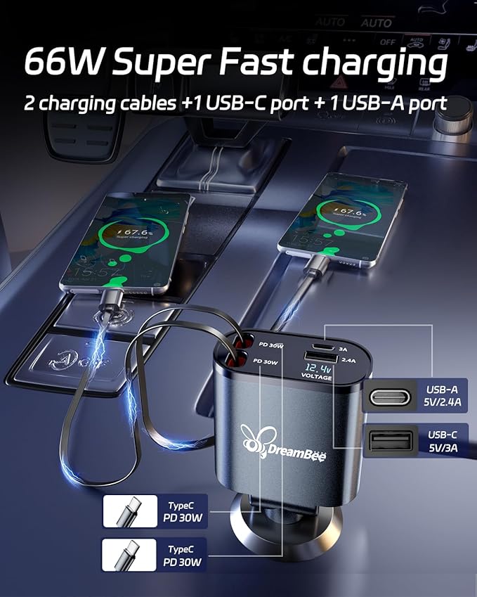 DreamBee Retractable Car Charger,66W Super Fast USB Car Phone Charger,Dual TypeC Retractable Cables Gifts for Men Women Car Truck Accessories for Samsung Galaxy S23+/S23,iPhone 17/16/15/ Pro Max, iPad