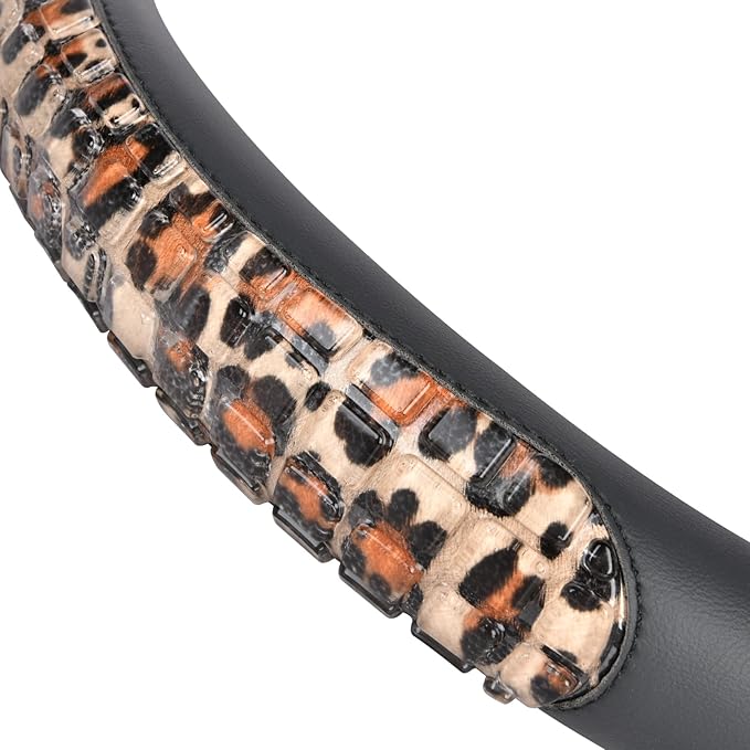 Flying Banner car Steering Wheel Cover Gel Massage Velvet Cool Warm Universal Size 15 inches SUV Truck Anti Slip Odorless Summer Winter (Black Brown Leopard Print, Gel Massage)