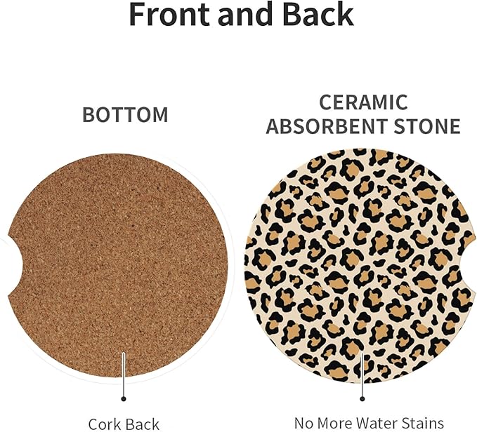 Absorbent Car Coasters for Cup Holders, 2 Pack Universal Anti Slip Ceramic Cup Coaster for Women Men 2.56 Inch Car Interior Accessories - Vintage Brown Leopard 002