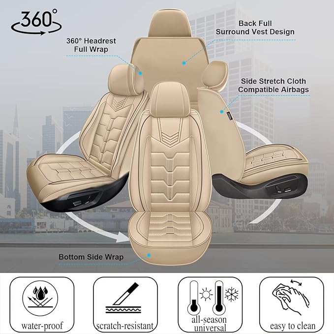 Seat Covers Fit for Chevrolet Chevy Bolt 2017-2025 Full Set Car Seat Cover Faux Leather Seat Cushion Waterproof Auto Protectors(Beige)-2 Rows 5 Seats