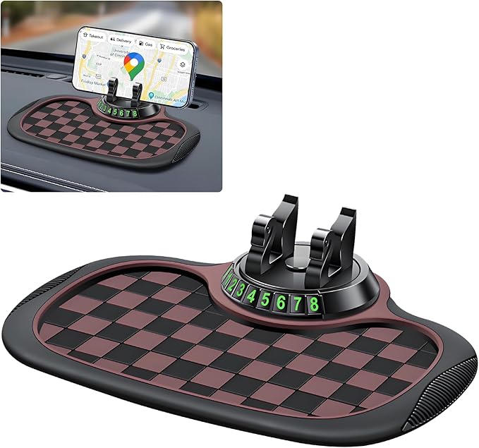 Wuyaoyao Multifunction Car Anti-Slip Mat Auto Phone Holder, PVC Car Dashboard Non-Slip Pad Phone Mount with Temporary Parking Number, Automotive Sticky Dash Pad for Phones, Keys, Gadgets (Black+Brown)