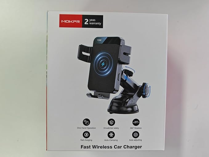 Wireless Car Charger, MOKPR 15W Auto Clamping Car Charger Dash Windshield Air Vent Phone Holder Compatible with iPhone 16 15 14/13/13 Pro/12 pro/12/11/X/8, Samsung S24/S23/S22