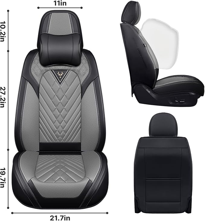 Leather Car Seat Protector - Universal Fit, Waterproof, 2 Seat-Headrest (Black & Gray)