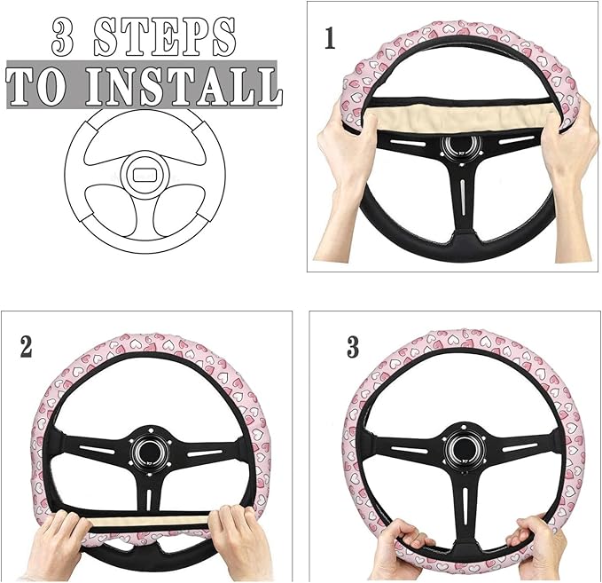 Dujiea Love Heart Elastic Stretch Steering Wheel Cover, Anti-Slip and Durable Car Steering Wheel Accessories for Women Men, 15 Inch Universal Fit Car, Truck, SUV