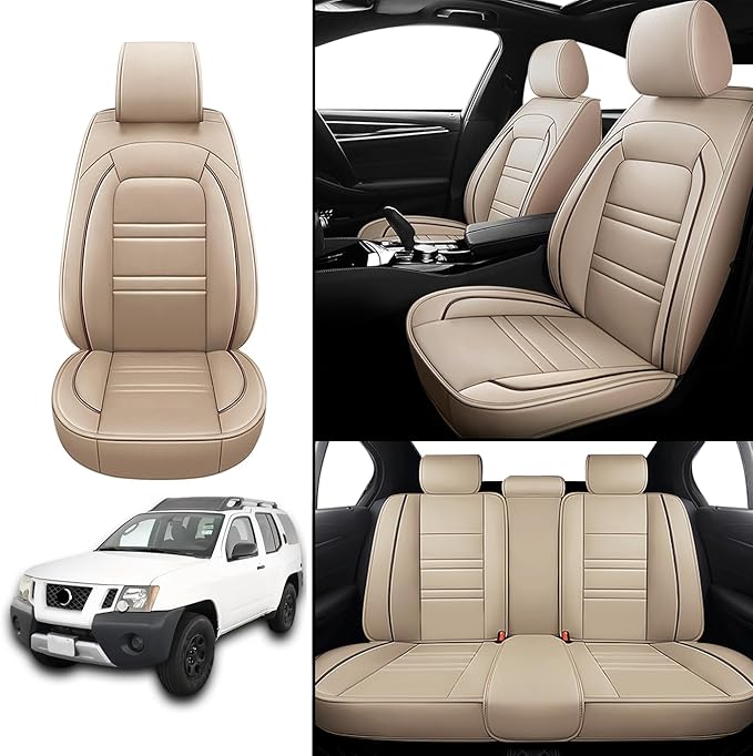 Seat Covers for Nissan Car Xterra 2000-2015 | 5-Seats Leather Seat Covers, Easy to Install Automotive Seat Covers Full Set (Full Set, Beige)