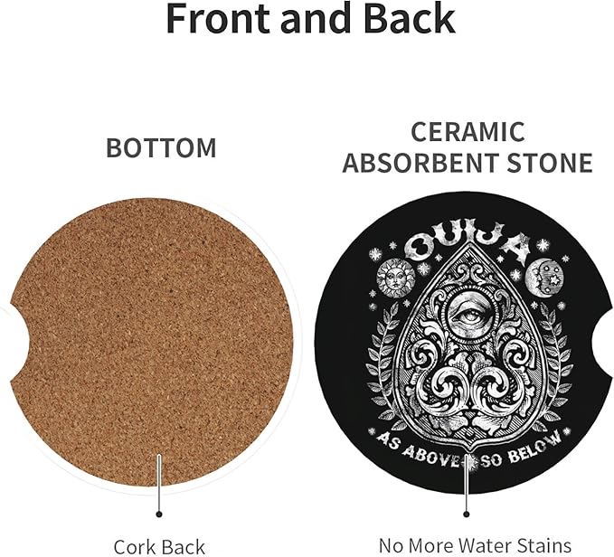 Absorbent Car Coasters for Cup Holders, 2 Pack Universal Anti Slip Ceramic Cup Coaster for Women Men 2.56 Inch Car Interior Accessories - Vintage Ouija 022