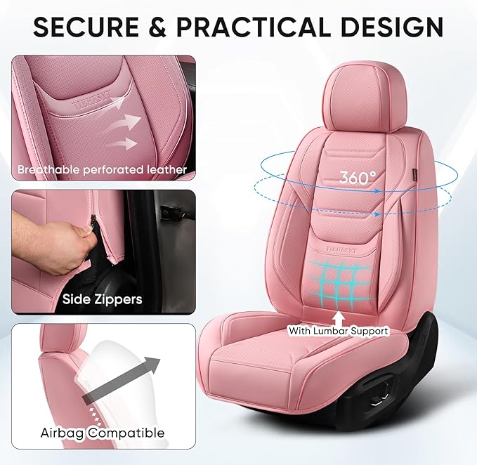 Pink Car Seat Covers Full Set, Breathable Leather Automotive Front and Rear Seat Covers with Headrest, Waterproof Auto Seat Protectors Fit for Most Sedans SUV Pick-up Truck