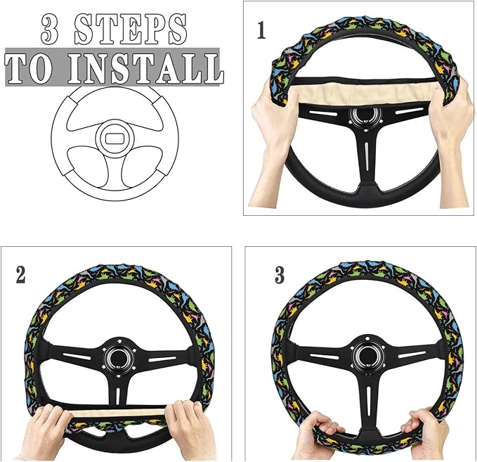 Dujiea Dinosaur Silhouette Elastic Stretch Steering Wheel Cover, Anti-Slip and Durable Car Steering Wheel Accessories for Women Men, 15 Inch Universal Fit Car, Truck, SUV