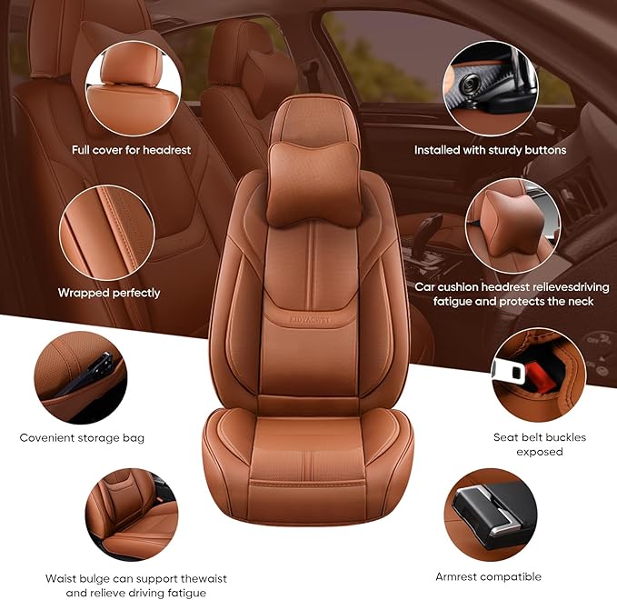 Auto Car Seat Covers Accessories Full Set Leather Cushion Protector Breathable Waterproof Seat Cover for Cars Universal Fit (Brown, Front Pair and Rear)