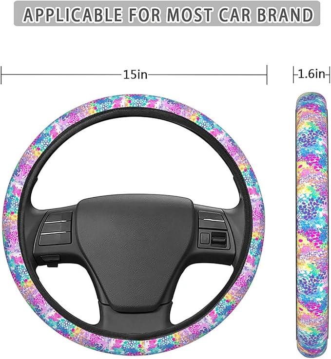 Dujiea Colorful Abstract Animal Texture Elastic Stretch Steering Wheel Cover, Anti-Slip and Durable Car Steering Wheel Accessories for Women Men, 15 Inch Universal Fit Car, Truck, SUV