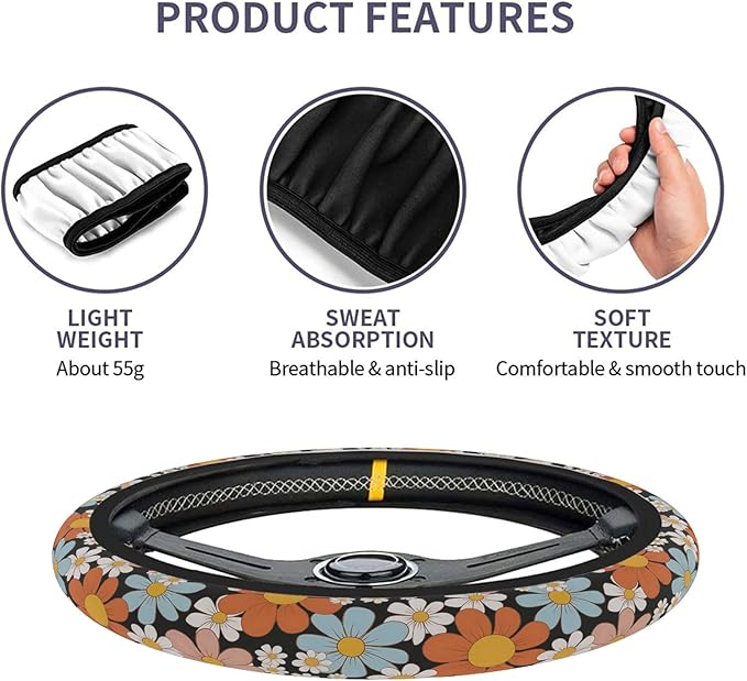 Steering Wheel Cover, Retro Flower Daisy Steering Wheel Cover for Women Men Anti-Slip Breathable and Sweat Absorption Universal 15 Inch Steering Wheel Protector Daisy Car Accessories