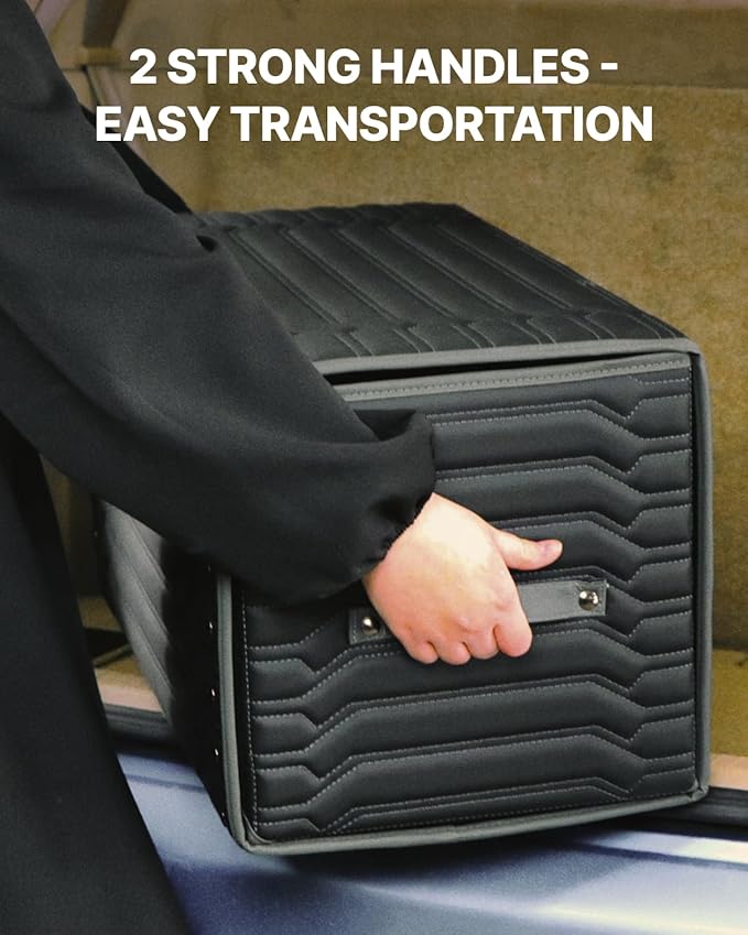 Owleys Trunk Storage 17.7" Collapsible Crate For Groceries, Tools & Travel Gear - Eco-Leather Car Organizer With Magnetic Lid - Practical Birthday Gift For Men (Highway 17)