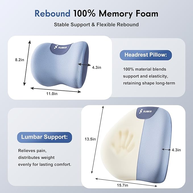 FLORICH Lumbar Support Pillow and Neck Pillow for Office Chair Car, Ergonomic Memory Foam Back Support for Office Gaming Chair Driving Seat Wheelchair, Relieves Neck, Back & Sciatica Pain – Blue
