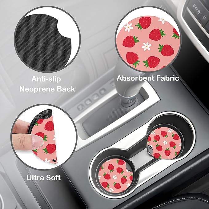 Strawberry and Flower Steering Wheel Cover for Women, Anti-Slip Car Steering Wheel Cover with 2 Pcs Cup Holders Neoprene Breathable Car Accessories Universal 15 Inch Auto Interior Decor