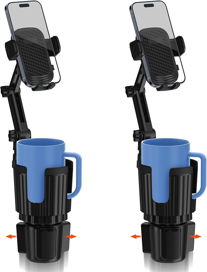2 Pack Newlest 2 in 1 Phone Mount for Car Cup Holder with Adjustable Base, Phone Holders for Car Cupholder, No Shaking 360° Flexible Neck Phone Mount for All 4-7” Smartphones, Cup Holder for Bottles