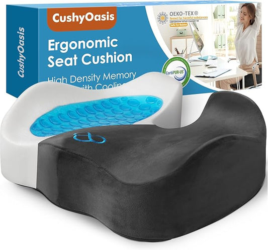 Seat Cushion, Gel Chair Cushions, Office Chair Cushions, Anti-Slip Bottom & Removable Cover Tailbone Pain Relief Cushion, Memory Foam Seat Cushion, 5.28 in Thick (Grey)