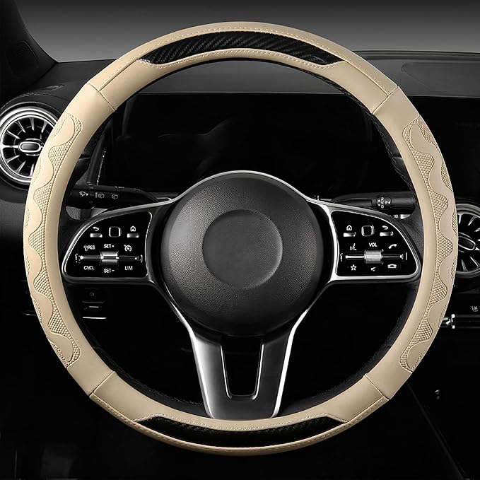 SEG Direct Car Steering Wheel Cover Medium Size 14 1/2"-15" Embossed Microfiber Leather with Carbon Fiber Pattern Beige