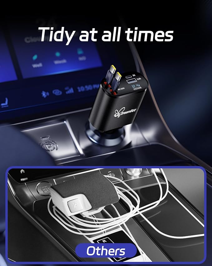 DreamBee Retractable Car Charger,66W Super Fast USB Car Phone Charger,Dual TypeC Retractable Cables Gifts for Men Women Car Truck Accessories for Samsung Galaxy S23+/S23,iPhone 17/16/15/ Pro Max, iPad