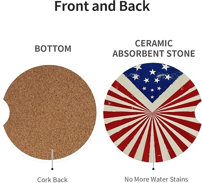 Absorbent Car Coasters for Cup Holders, 2 Pack Universal Anti Slip Ceramic Cup Coaster for Women Men 2.56 Inch Car Interior Accessories - Vintage Stars and Stripes 009