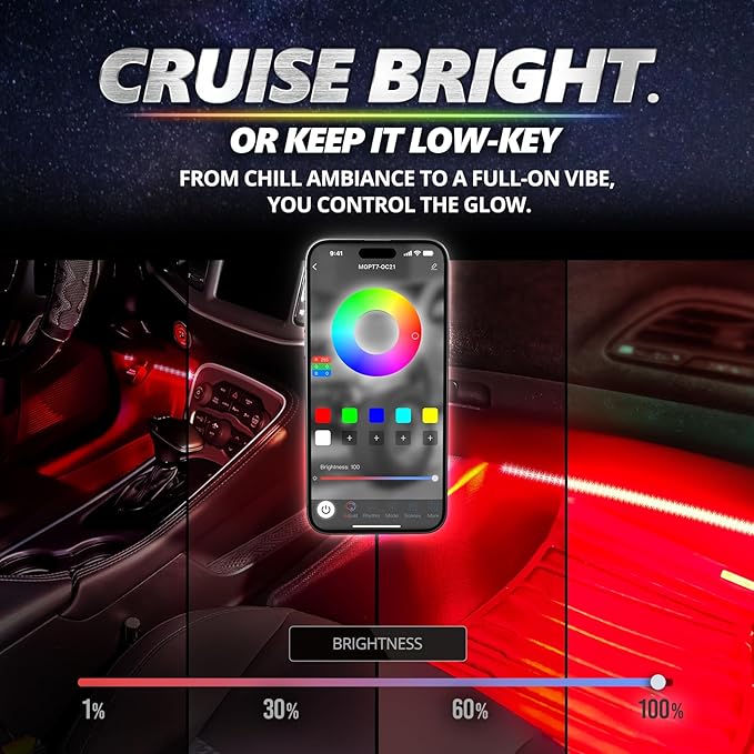 OPT7 Aura Pro 6PC Double LED Interior Strip Lights with APP & Remote Control, Multicolor Mode, Sound Active Inside Ambient Lighting Kit, Truck SUV RV Footwell Floor Decor, 12V Car Charger