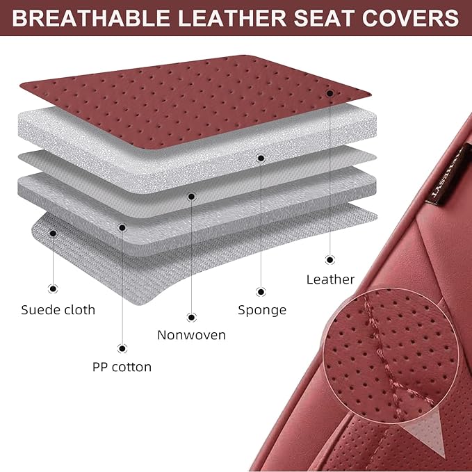 Wine Red Car Seat Covers Full Set, Breathable Leather Automotive Front and Rear Seat Covers & Headrest for Comfortable Driving, Universal Auto Interior Fit for Most Kinds of Vehicles, Cars