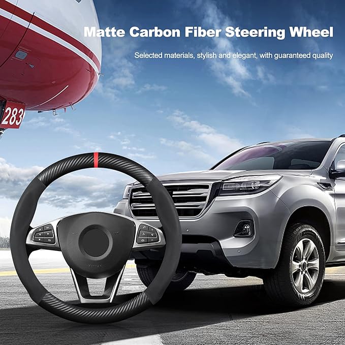 Ergocar Round Shape Carbon Fiber & Microfiber PU Leather Steering Wheel Cover Anti-Slip Car Steering Wheel Protector Breathable Sweat Absorbent Sport for Diameter 38cm（15"）-Black Red