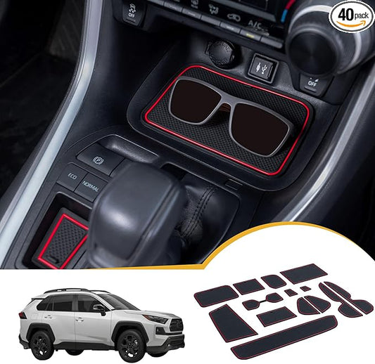 TOPINSTALL Accessorize Interior Liners Compatible with 2019-2024 2025 Toyota RAV 4/2021-2025 RAV4 Prime, Anti Dust Cup Holder Insert, Premium Center Console Rubber Mat, Door Pocket Pad- 16PCS Red Trim