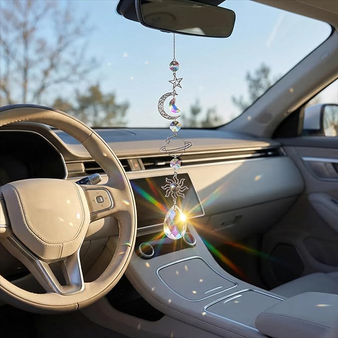 Colorful Crystal car Mirror Hanging Accessories，Car Charm，Rear View Mirror Hanging Decors， Gifts for Women (Moon-A)