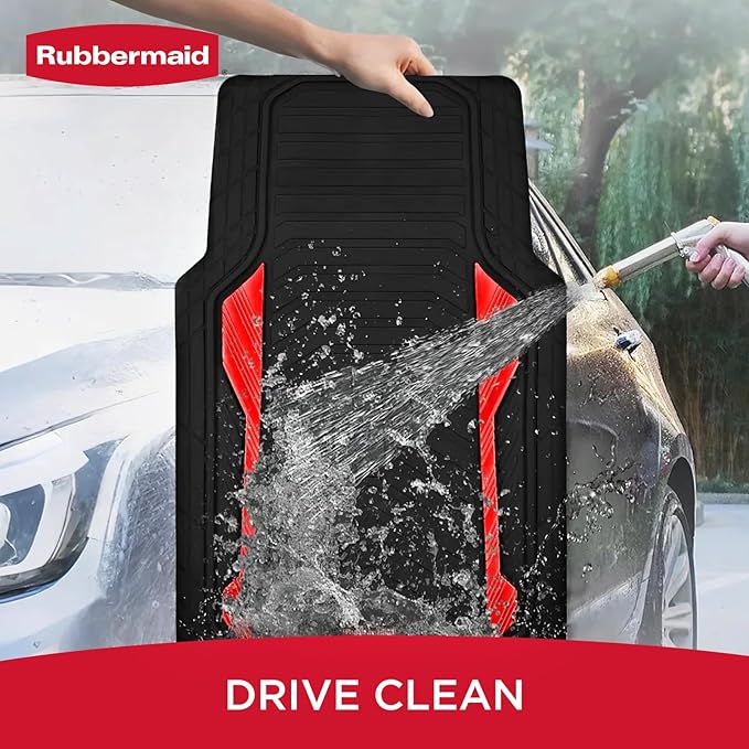 Rubbermaid Car Floor Mat, Heavy Duty All-Weather Car Mats Full Set with Dual-Tone Red Aluminum Inserts – Universal Fit, Anti-Slip Backing, Trim-to-Fit for Most SUV, Sedan, Van