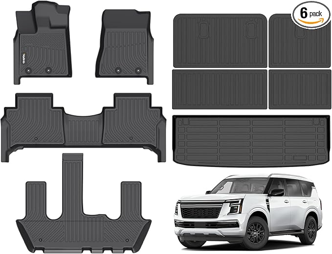 Wailtnb-All Weather Floor Mats & Cargo Backrest Mat for Nissan Armada/Infiniti QX80 2025丨 7 Seat (Bucket) Custom Fit Nissan Armada 2025 Bucket Waterproof Durable Accessories for Infiniti