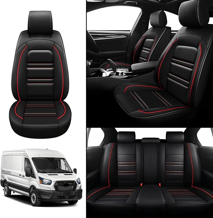 Seat Covers for Ford Transit 2014-2024 | 5-Seats Leather Seat Covers, Easy to Install Automotive Seat Covers Full Set (Full Set, Black&Red Line)
