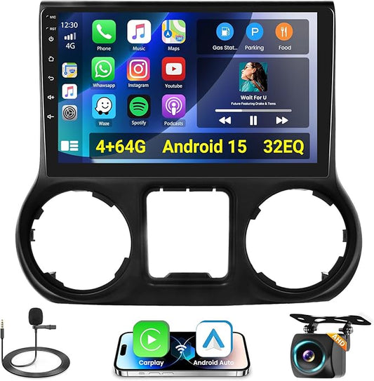 4+64G Car Radio for Jeep Wrangler 2015 2016 2017 with Wireless CarPlay Android Auto, 10.1 Inch Android Touchscreen for Jeep Wrangler Car Stereo with Bluetooth 5.0, FM/RDS, 32EQ, GPS, WiFi, UI