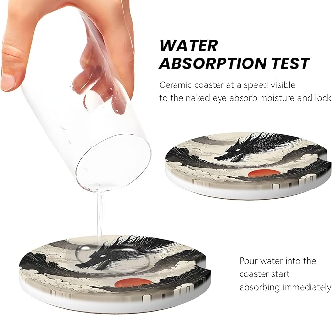 Absorbent Car Coasters for Cup Holders, 2 Pack Universal Anti Slip Ceramic Cup Coaster for Women Men 2.56 Inch Car Interior Accessories - Black Dragon 016