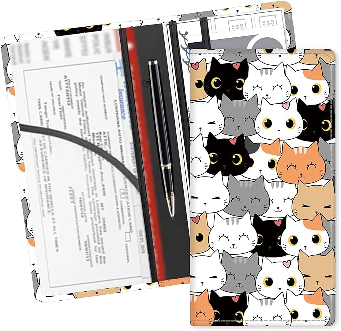 Leather Car Registration and Insurance Card Holder, Cute Car Accessories Vehicle Glove Box Car Organizer for Documents, Cards, License Colorful Cute Cats