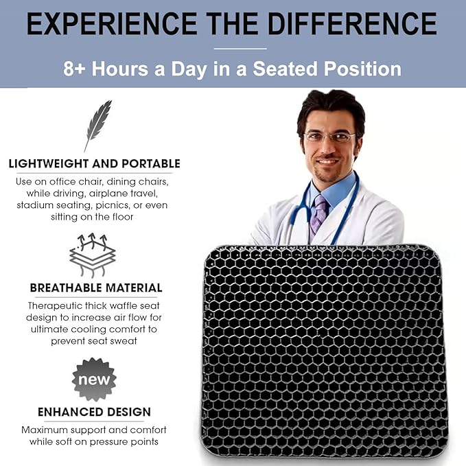Gel Seat Cushion for Long Sitting Pressure Relief - Non-Slip Gel Chair Cushions for Back, Sciatica, Tailbone Pain Relief - Seat Cushion for Office Desk Chair, Car Seat – Wheelchair Cushions