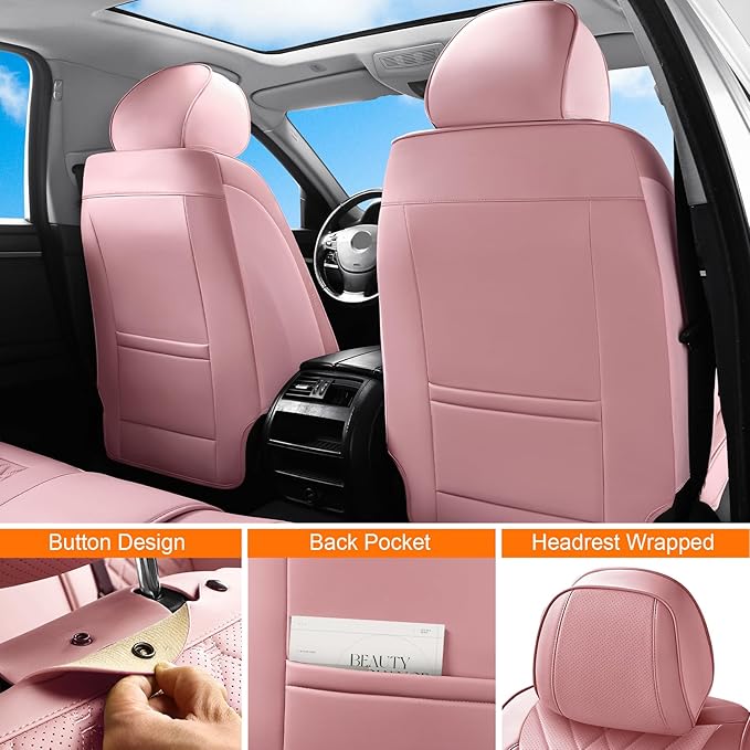 Pink Car Seat Covers Full Set, Full Coverage Luxury Leather Car Seat Protector Universal Fit for Most Cars SUVs Pick-up Trucks, Pink Seat Covers Car Interior Accessories for Women