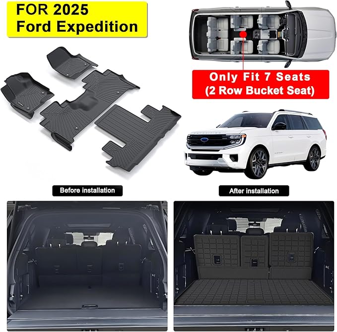All-New 2025 Floor Mats for Ford Expedition MAX(Only Fit Max 7 Seats / 2nd Row Bench Seat) with Cargo Liners,TPE All Weather Protection Floor Liners with Trunk Mat Covering The Backrest