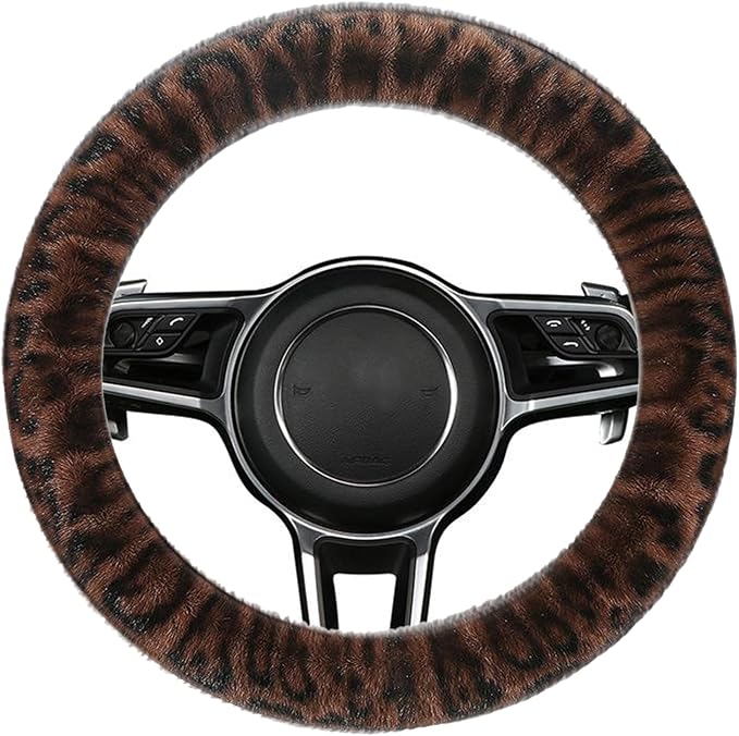 Fluffy Cheetah Car Steering Wheel Cover Luxurious Faux Fur Leopard Print Cute Wheel Protector Universal 15 Inch Fit for Vehicle, Car, Auto, SUV Winter Warm (Coffee)