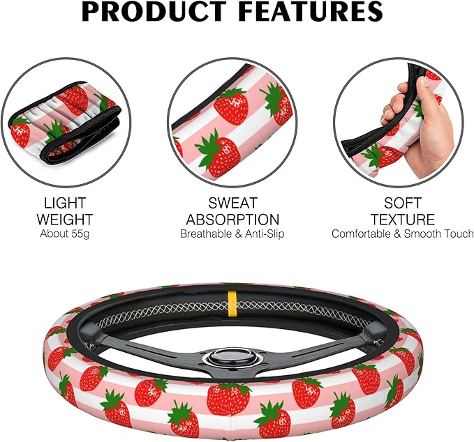 Strawberry Car Steering Wheel Cover, Pink Striped Non-Slip Absorbing Sweat Car Wheel Cover Accessories for Men Women,Universal 15" Fit Auto SUV Vans Trucks