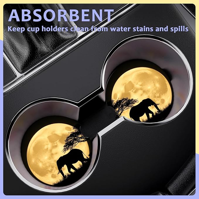 2 Pack Car Cup Holder Coaster-Elephant Full Moon Absorbent Ceramic Coaster, Car Coasters for Cup Holders,Auto Accessories for Women & Men