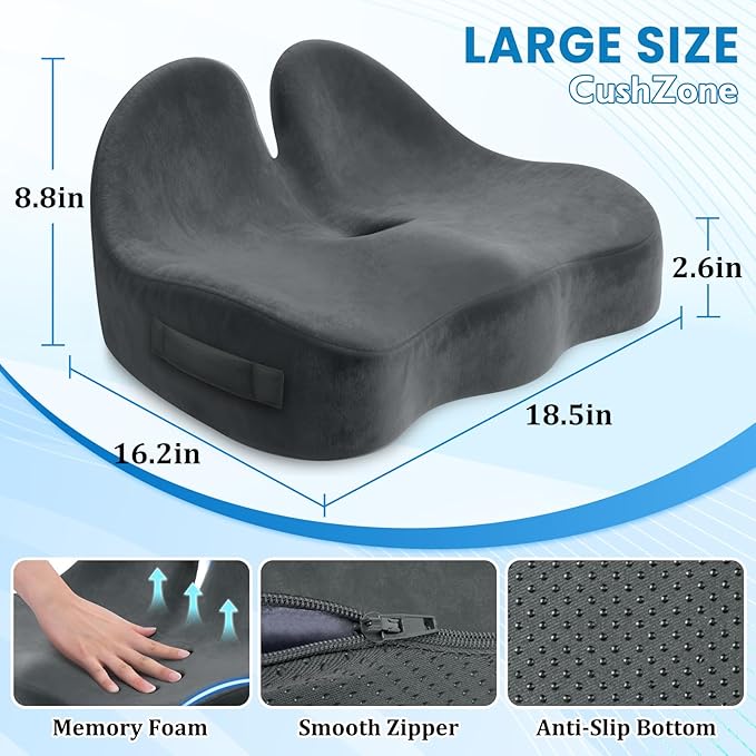 Seat Cushion, Memory Foam Office Chair Seat Cushion for Office Chairs/Car/Long Trip/Desk Chair/Gaming, Extra Large Size for Sciatica & Hip & Tailbone Pain Relief, Sciatica Support (Grey)