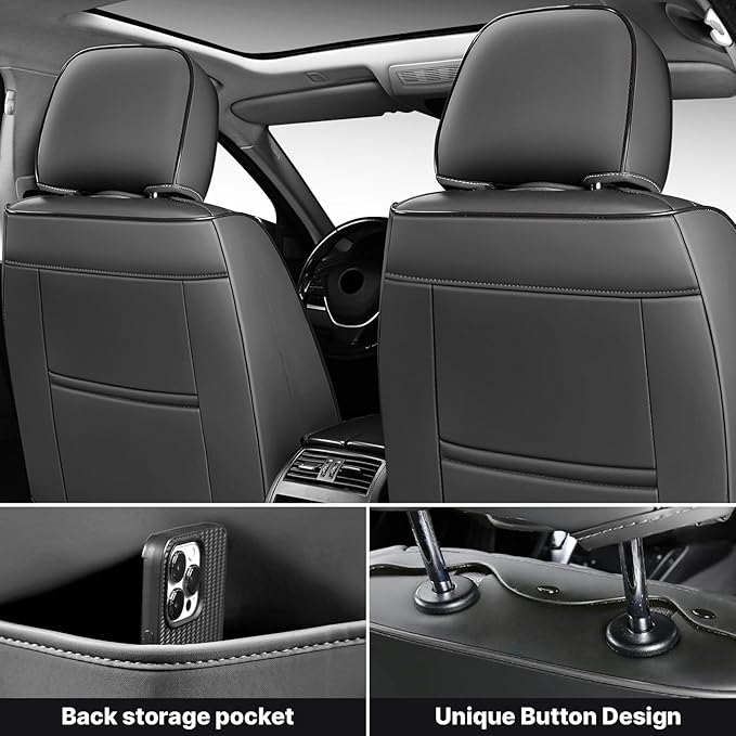 Car Seat Cover Full Coverage Seat Cover Premium Waterproof Faux Leather Cushion Universal Accessories Fit SUV Sedan Automotive Vehicle Auto Interior Seat Protector Full Set(2 Seat-Headrest,Black&Gray)