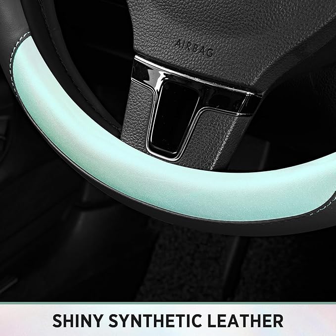 Road Comforts Steering Wheel Cover – Breathable Leather Steering Wheel Cover, Anti-Slip Grip, Universal Fit 14.5” to 15”, Heat & Cold Resistant for Cars, SUVs, and Trucks – Black & Shining Light Blue