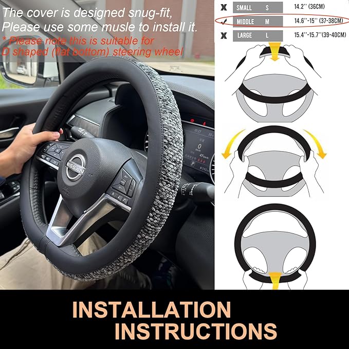 PINCTROT D Shaped Chenille Leather Steering Wheel Cover, Soft Mottled Colors, Sweat-Proof, Non-Slip Grip, All-Season Comfort, Flat Bottom 14.5-15 Inch(Mottled Gray)