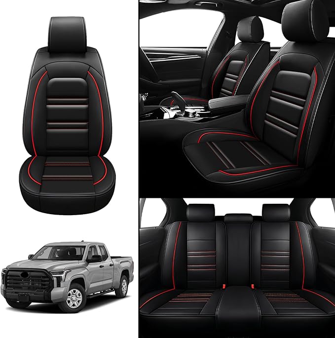 Seat Covers for Toyota Tundra 2000-2025 | 5-Seats Leather Seat Covers, Easy to Install Automotive Seat Covers Full Set (Full Set, Black&Red Line)