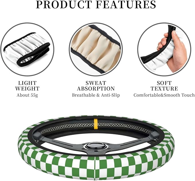 Green and White Checkered Steering Wheel Cover for Women, Universal Auto Steering Wheel 14-15 Inch Car Interior Accessories with 2PCS Car Coasters, Suitable for Men and Women