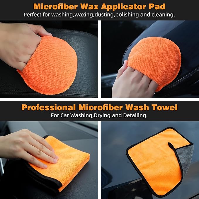 10PCS Car Detailing Brush Set Bristle Horse Hair Boars Brush with Elbow Adapter, Microfiber Wax Applicator Pads, Drying Towel and Cleaning Gel, Cleaning Kit for Car Interior & Exterior