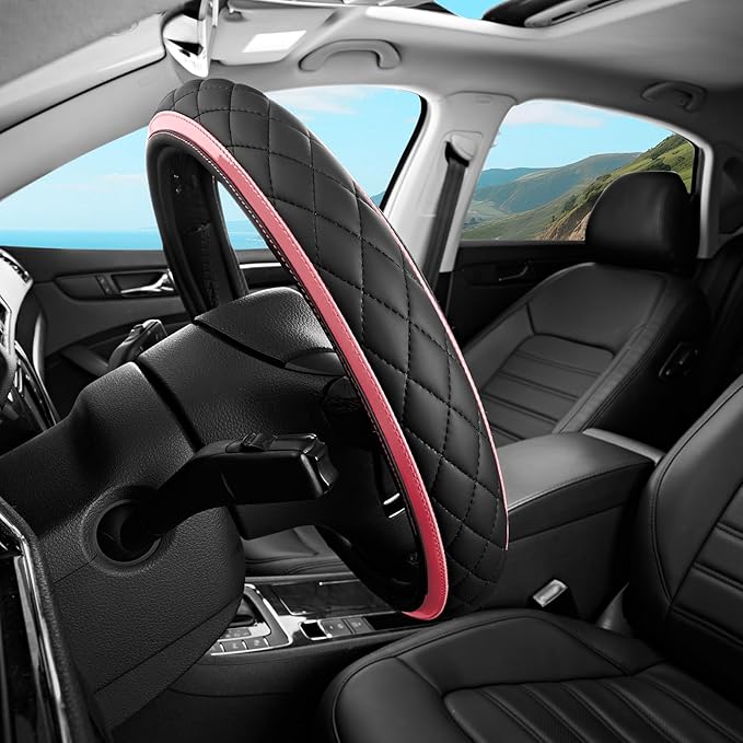 Road Comforts Leather Steering Wheel Cover – Black & Pink, Universal Fit 14.5-15 Inch, Microfiber Leather, Anti-Slip & Breathable Design for Men and Women